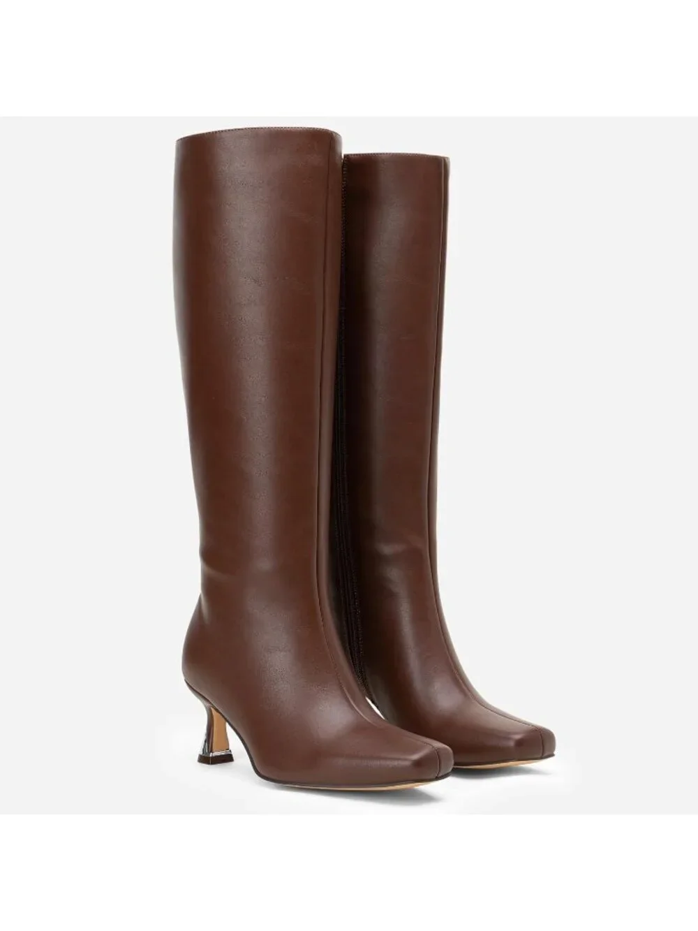 Women's Brown Square Toe Kitten Low Heel with Zipper Comfort Tall Knee High Boot